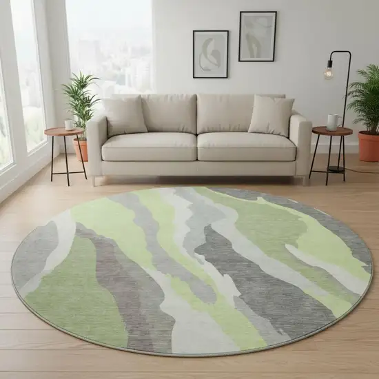 8' Mint Green Ivory And Silver Abstract Washable Round Rug With UV Protection Photo 2