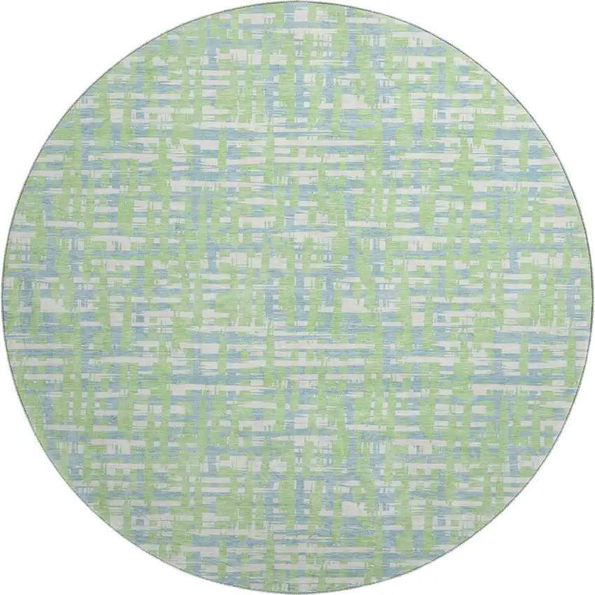 8' Mint Green Ivory And Sky Blue Abstract Geometric Washable Round Rug With UV Protection Photo 1