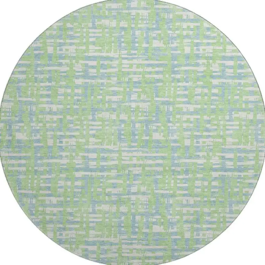 8' Mint Green Ivory And Sky Blue Abstract Geometric Washable Round Rug With UV Protection Photo 2