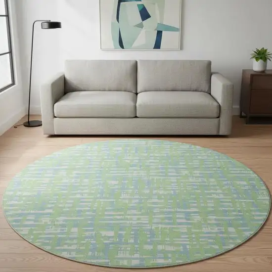 8' Mint Green Ivory And Sky Blue Abstract Geometric Washable Round Rug With UV Protection Photo 2