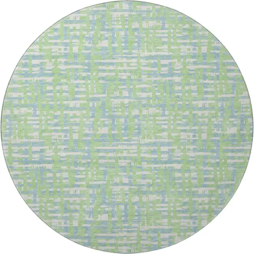 8' Mint Green Ivory And Sky Blue Abstract Geometric Washable Round Rug With UV Protection Photo 3