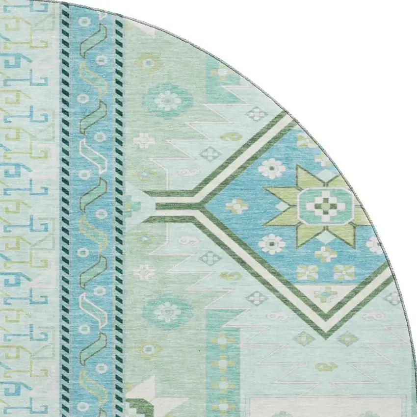 8' Mint Green Ivory And Teal Southwestern Washable Round Rug With UV Protection Photo 3