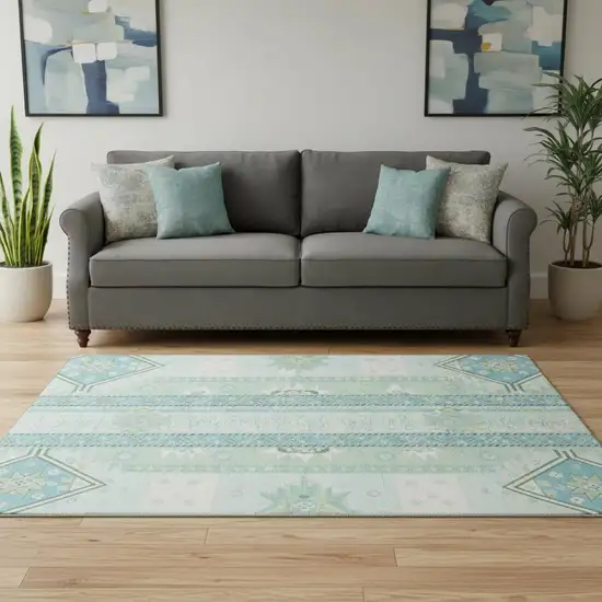 8' Mint Green Ivory And Teal Southwestern Washable Round Rug With UV Protection Photo 2