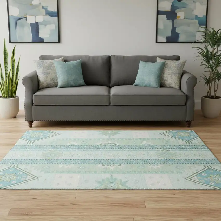 8' Mint Green Ivory And Teal Southwestern Washable Round Rug With UV Protection Photo 2