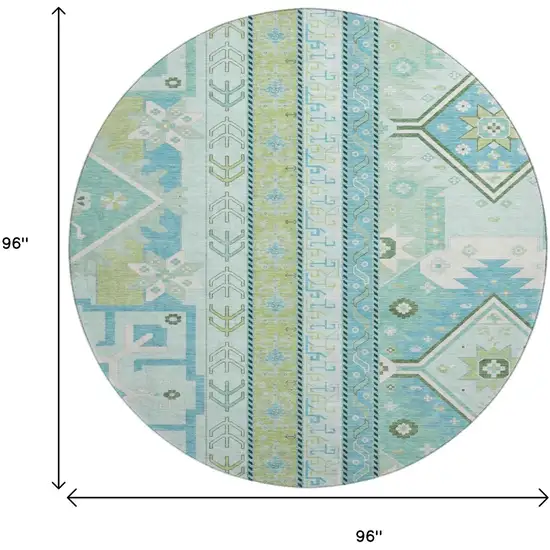 8' Mint Green Ivory And Teal Southwestern Washable Round Rug With UV Protection Photo 9