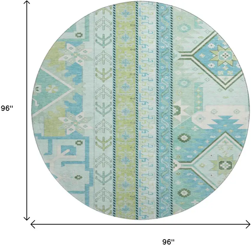 8' Mint Green Ivory And Teal Southwestern Washable Round Rug With UV Protection Photo 9