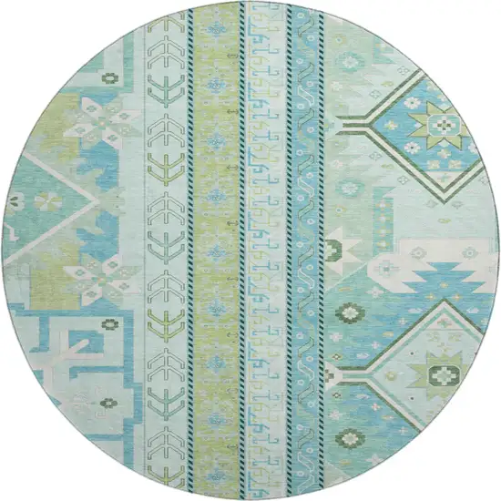 8' Mint Green Ivory And Teal Southwestern Washable Round Rug With UV Protection Photo 1
