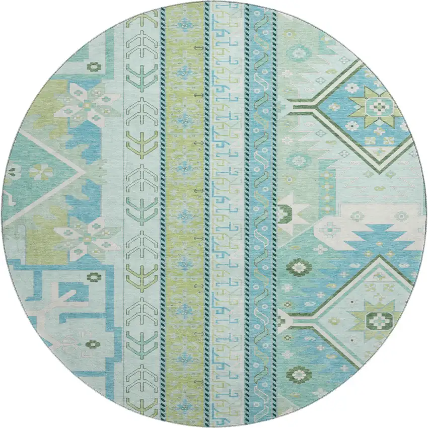 8' Mint Green Ivory And Teal Southwestern Washable Round Rug With UV Protection Photo 1