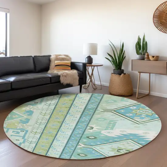 8' Mint Green Ivory And Teal Southwestern Washable Round Rug With UV Protection Photo 4