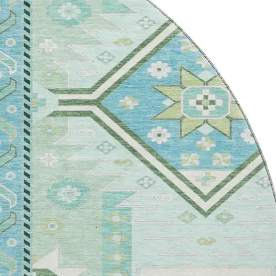 8' Mint Green Ivory And Teal Southwestern Washable Round Rug With UV Protection Photo 2