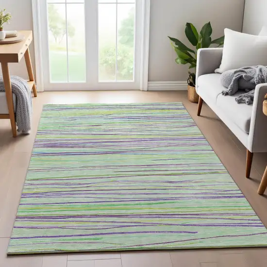 8' Mint Green Lavender And Lime Green Striped Washable Area Rug With UV Protection Photo 4