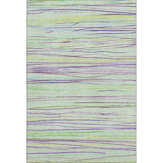 8' Mint Green Lavender And Lime Green Striped Washable Area Rug With UV Protection Photo 1