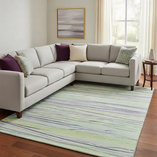 8' Mint Green Lavender And Lime Green Striped Washable Area Rug With UV Protection Photo 2