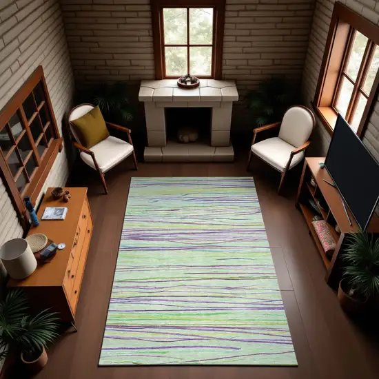 8' Mint Green Lavender And Lime Green Striped Washable Area Rug With UV Protection Photo 3