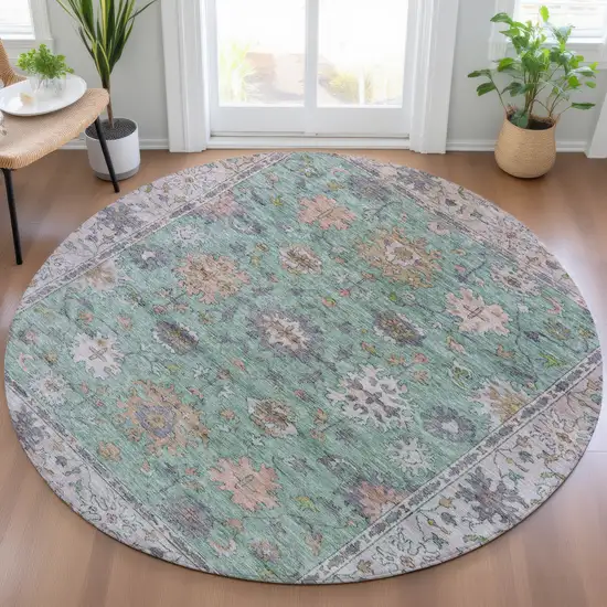 8' Mint Green Peach And Pale Aqua Round Floral Washable Indoor Outdoor Area Rug Photo 5