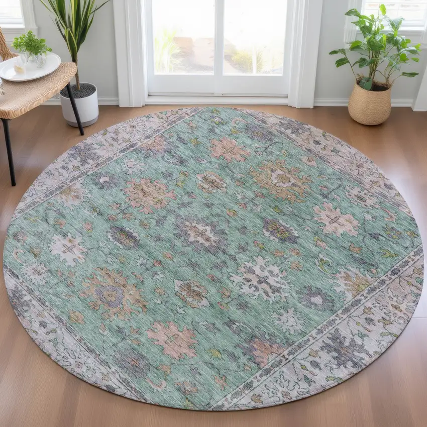 8' Mint Green Peach And Pale Aqua Round Floral Washable Indoor Outdoor Area Rug Photo 5