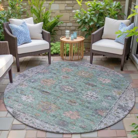 8' Mint Green Peach And Pale Aqua Round Floral Washable Indoor Outdoor Area Rug Photo 6