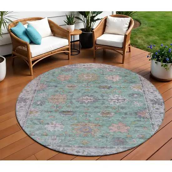 8' Mint Green Peach And Pale Aqua Round Floral Washable Indoor Outdoor Area Rug Photo 2
