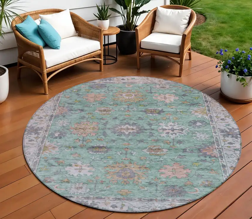 8' Mint Green Peach And Pale Aqua Round Floral Washable Indoor Outdoor Area Rug Photo 2