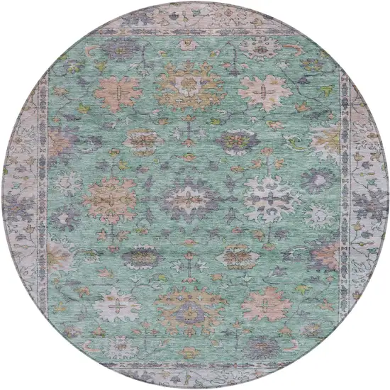 8' Mint Green Peach And Pale Aqua Round Floral Washable Indoor Outdoor Area Rug Photo 1