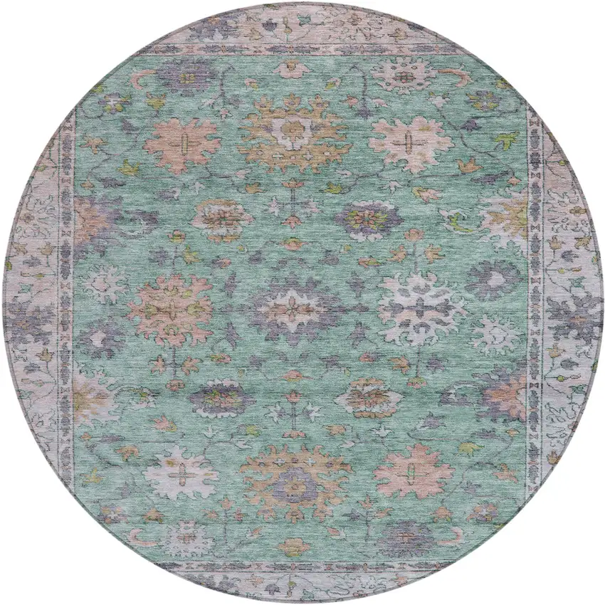 8' Mint Green Peach And Pale Aqua Round Floral Washable Indoor Outdoor Area Rug Photo 1
