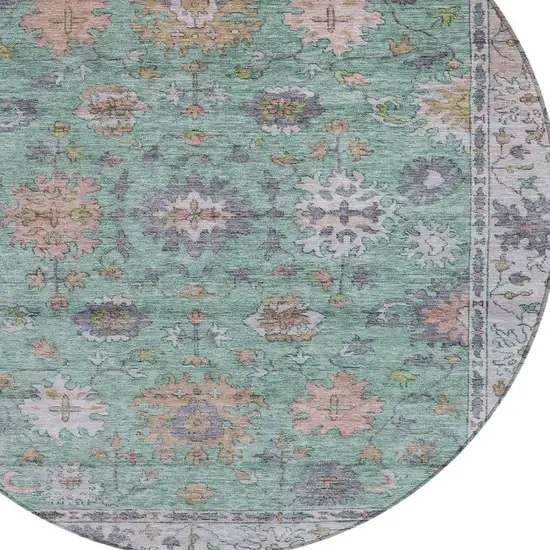 8' Mint Green Peach And Pale Aqua Round Floral Washable Indoor Outdoor Area Rug Photo 4