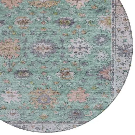 8' Mint Green Peach And Pale Aqua Round Floral Washable Indoor Outdoor Area Rug Photo 8