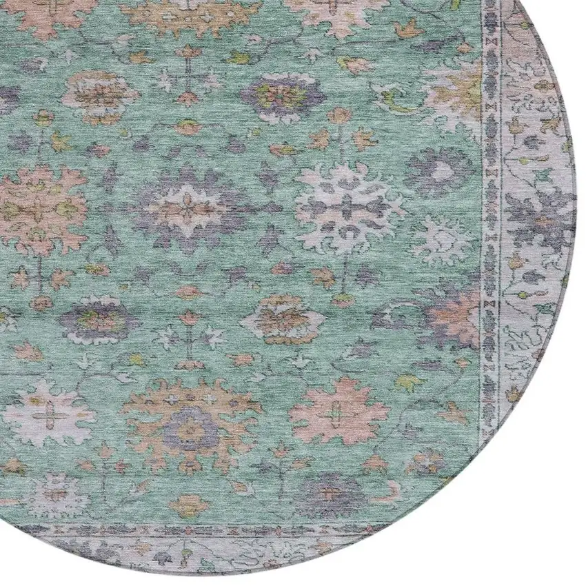 8' Mint Green Peach And Pale Aqua Round Floral Washable Indoor Outdoor Area Rug Photo 8