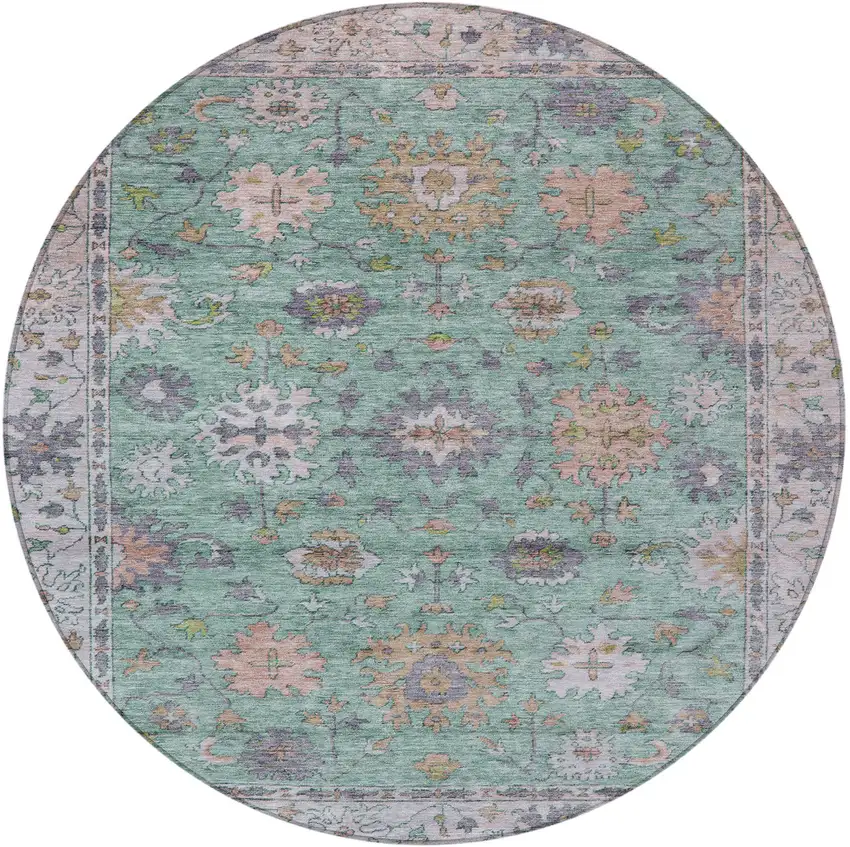 8' Mint Green Peach And Pale Aqua Round Floral Washable Indoor Outdoor Area Rug Photo 3