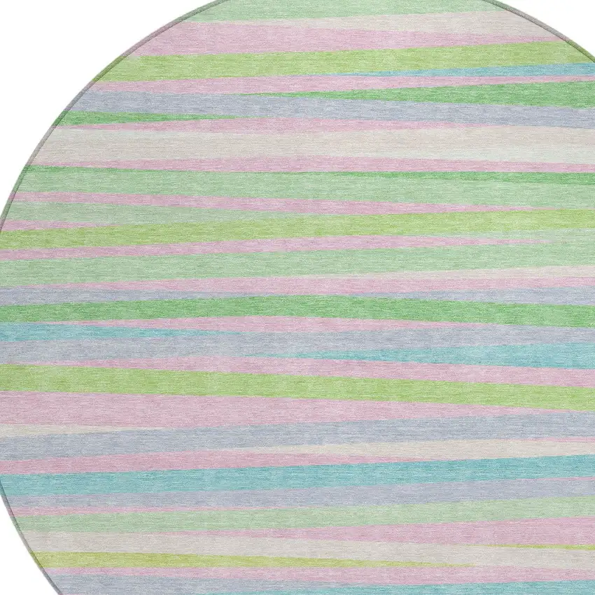 8' Mint Green Pink And Blue Round Striped Washable Indoor Outdoor Area Rug Photo 4