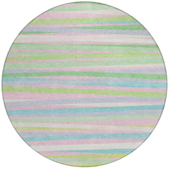 8' Mint Green Pink And Blue Round Striped Washable Indoor Outdoor Area Rug Photo 5