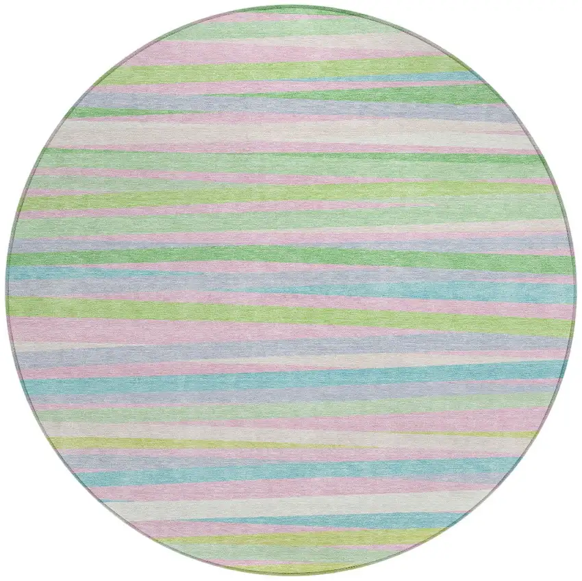 8' Mint Green Pink And Blue Round Striped Washable Indoor Outdoor Area Rug Photo 5