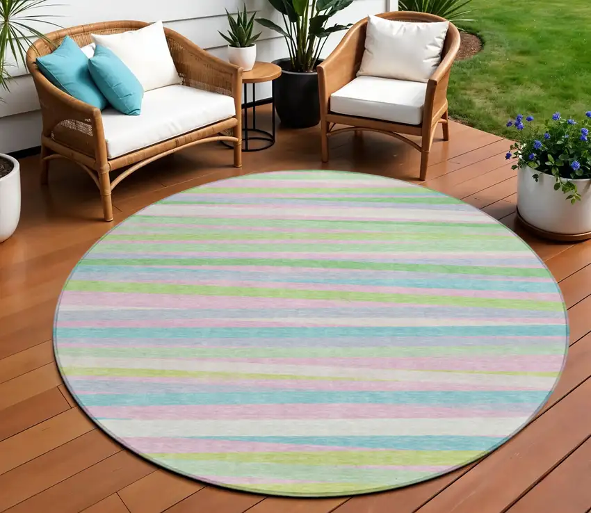 8' Mint Green Pink And Blue Round Striped Washable Indoor Outdoor Area Rug Photo 1