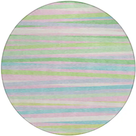 8' Mint Green Pink And Blue Round Striped Washable Indoor Outdoor Area Rug Photo 2