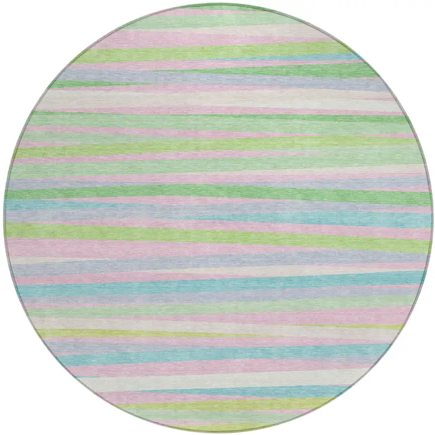 8' Mint Green Pink And Blue Round Striped Washable Indoor Outdoor Area Rug Photo 2