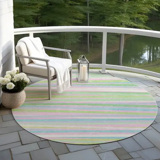 8' Mint Green Pink And Blue Round Striped Washable Indoor Outdoor Area Rug Photo 7