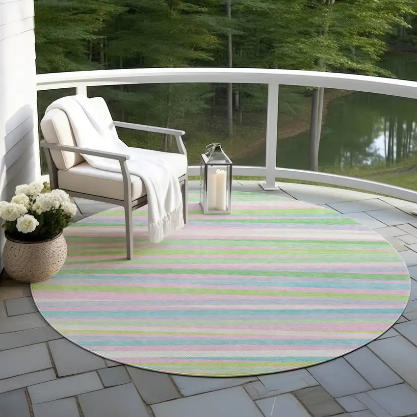 8' Mint Green Pink And Blue Round Striped Washable Indoor Outdoor Area Rug Photo 7