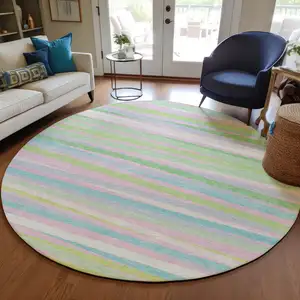 Photo of 8' Mint Green Pink And Blue Round Striped Washable Indoor Outdoor Area Rug
