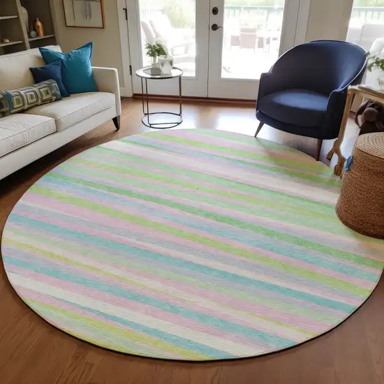 8' Mint Green Pink And Blue Round Striped Washable Indoor Outdoor Area Rug Photo 8