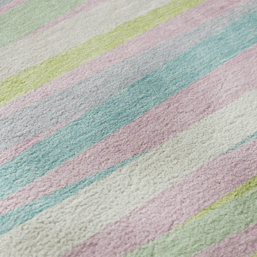 8' Mint Green Pink And Teal Striped Washable Round Rug With UV Protection Photo 8