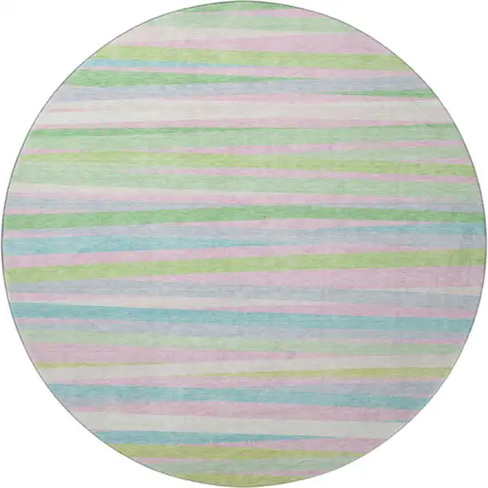 8' Mint Green Pink And Teal Striped Washable Round Rug With UV Protection Photo 4