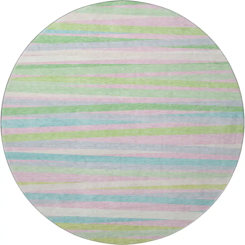 8' Mint Green Pink And Teal Striped Washable Round Rug With UV Protection Photo 4