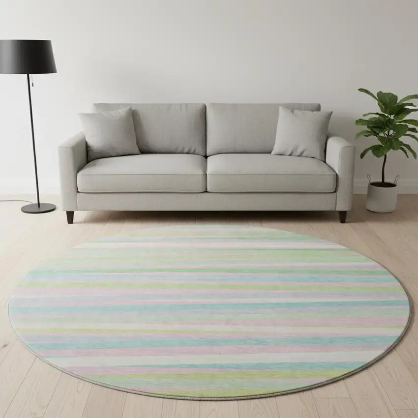 8' Mint Green Pink And Teal Striped Washable Round Rug With UV Protection Photo 2