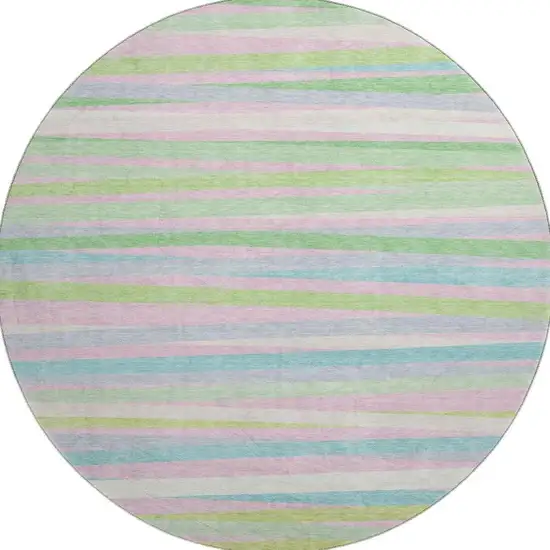 8' Mint Green Pink And Teal Striped Washable Round Rug With UV Protection Photo 2