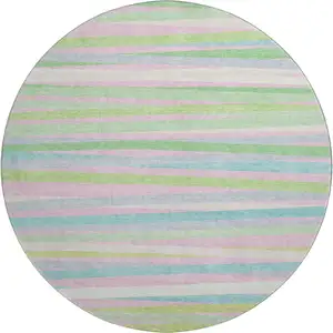 Photo of 8' Mint Green Pink And Teal Striped Washable Round Rug With UV Protection