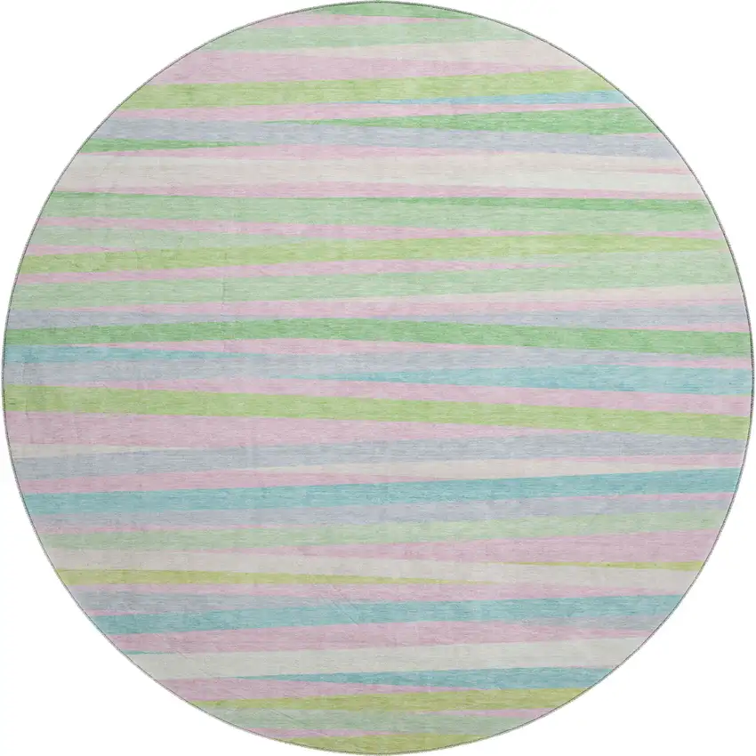 8' Mint Green Pink And Teal Striped Washable Round Rug With UV Protection Photo 1