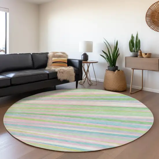8' Mint Green Pink And Teal Striped Washable Round Rug With UV Protection Photo 4