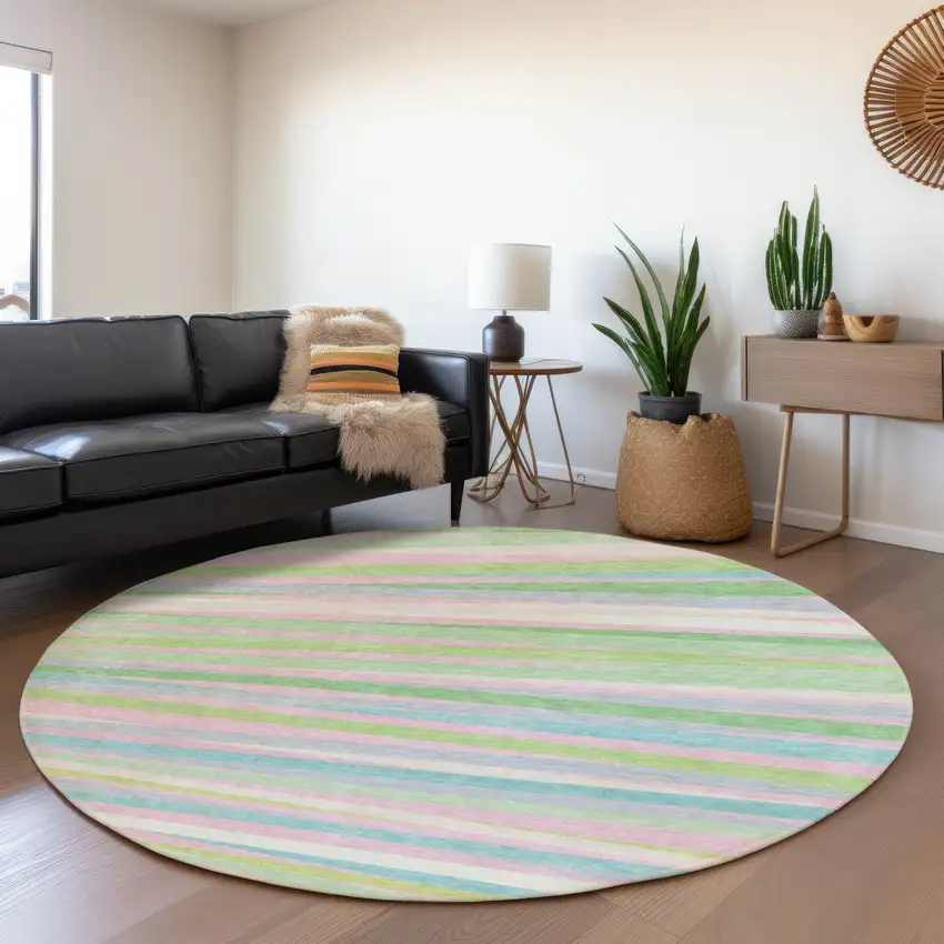 8' Mint Green Pink And Teal Striped Washable Round Rug With UV Protection Photo 4