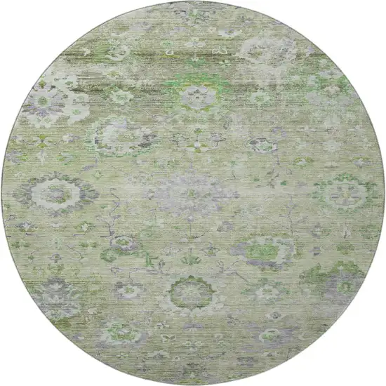 8' Mint Green Purple And Beige Floral Washable Round Rug With UV Protection Photo 3