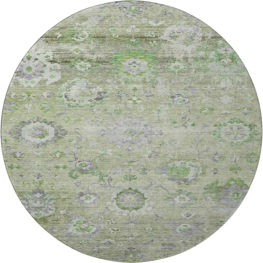 8' Mint Green Purple And Beige Floral Washable Round Rug With UV Protection Photo 3